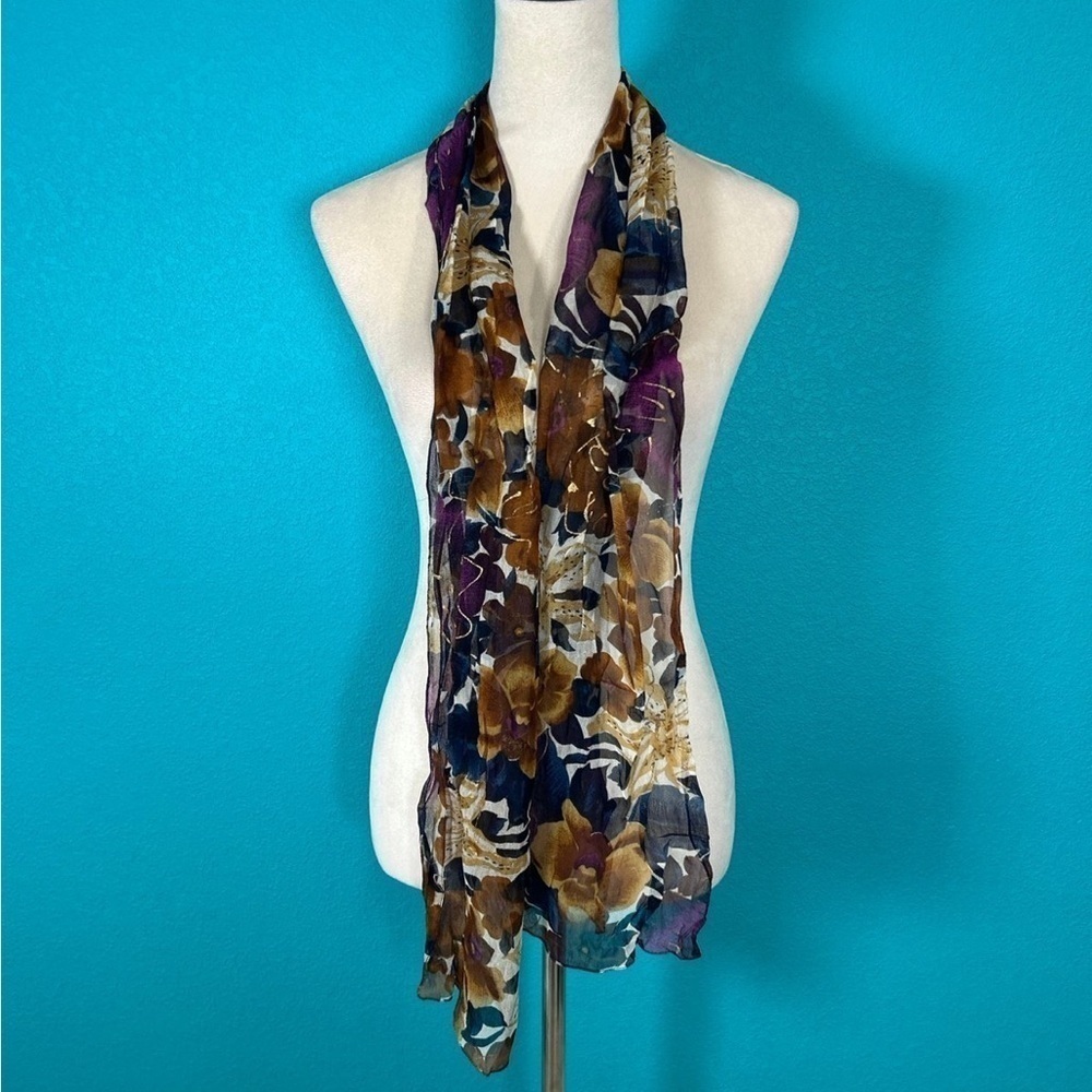Beautiful semi sheer purple floral accent scarf with gold details